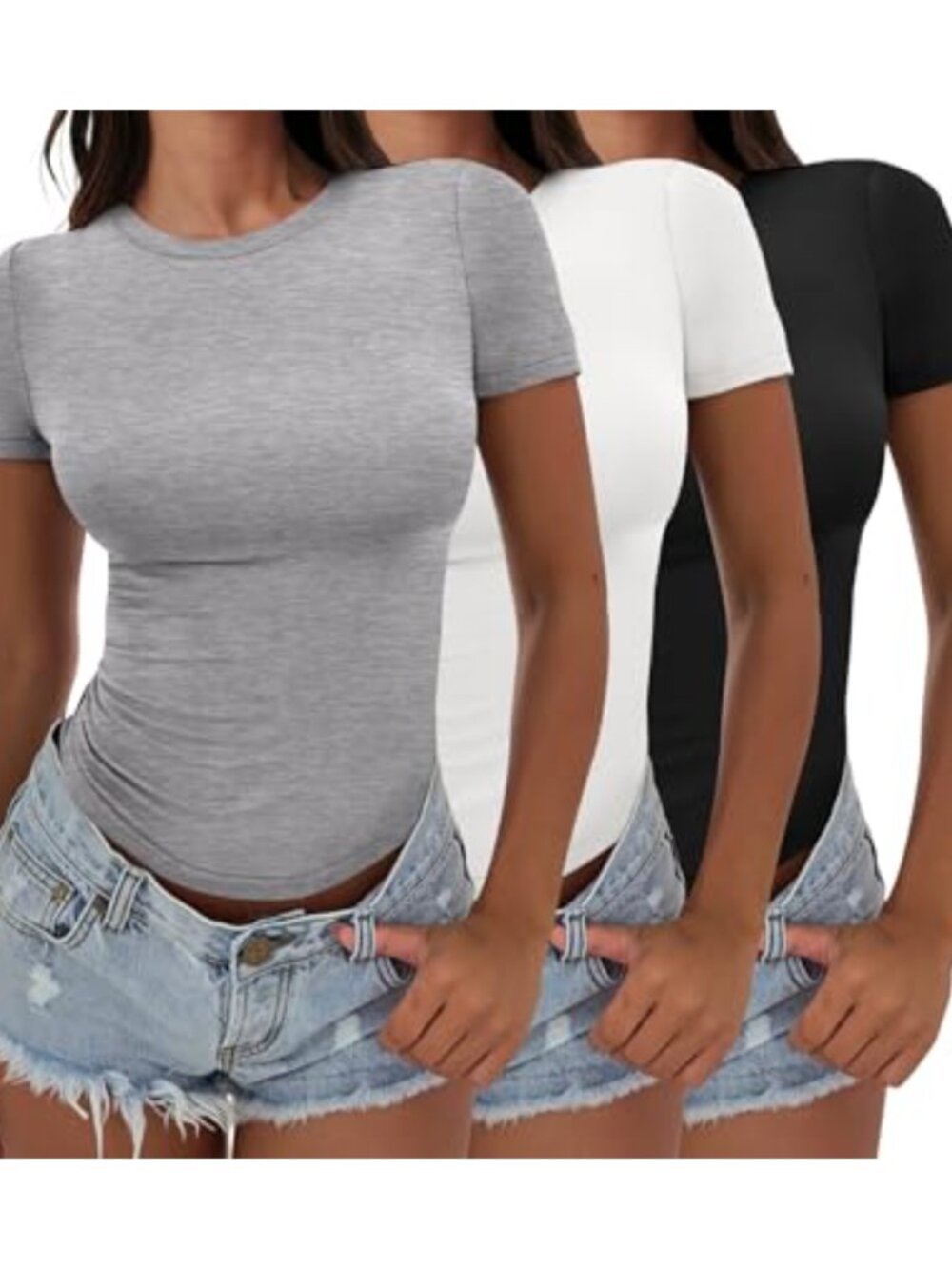 Women's 3 Pack Short Sleeve Crop Tops Slim Fit Basic Tees Workout T Shirts